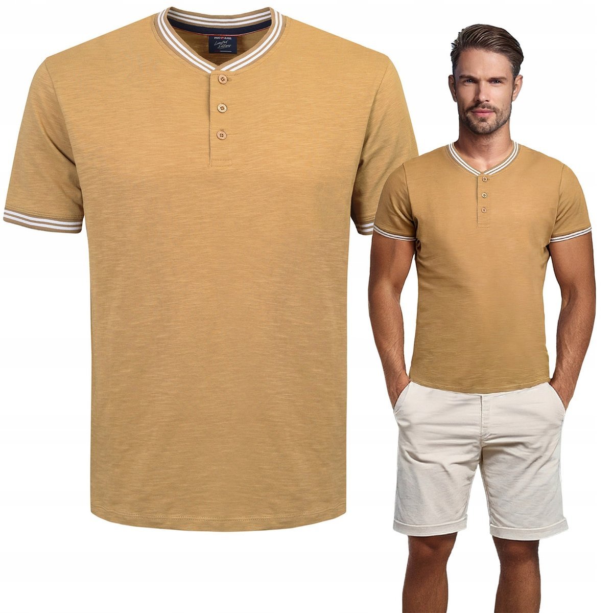 T-Shirt Męski Koszulka W Serek Karmelowa Bawełniana Morly 2Xl Pako Jeans