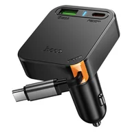 Ładowarki samochodowe - Ładowarka samochodowa Hoco ze zwijanym kablem 2 x USB C + USB A QC PD 65W NZ18 czarna - miniaturka - grafika 1