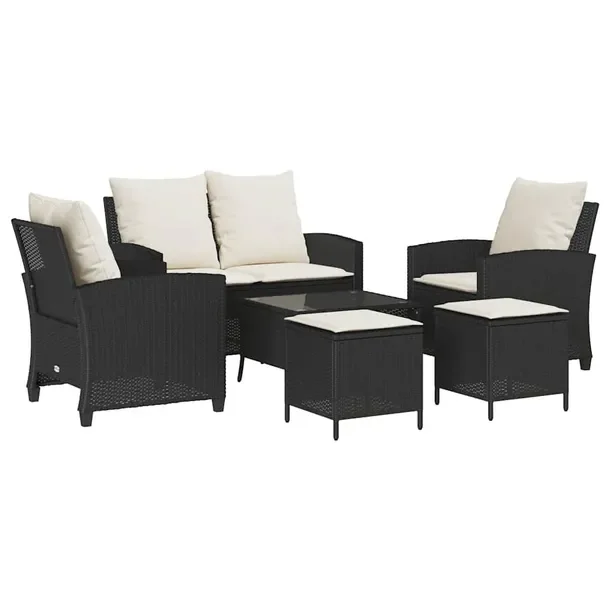 Zestaw mebli ogrodowych 2-osobowa sofa, fotele, stolik, podnóżki, czarny