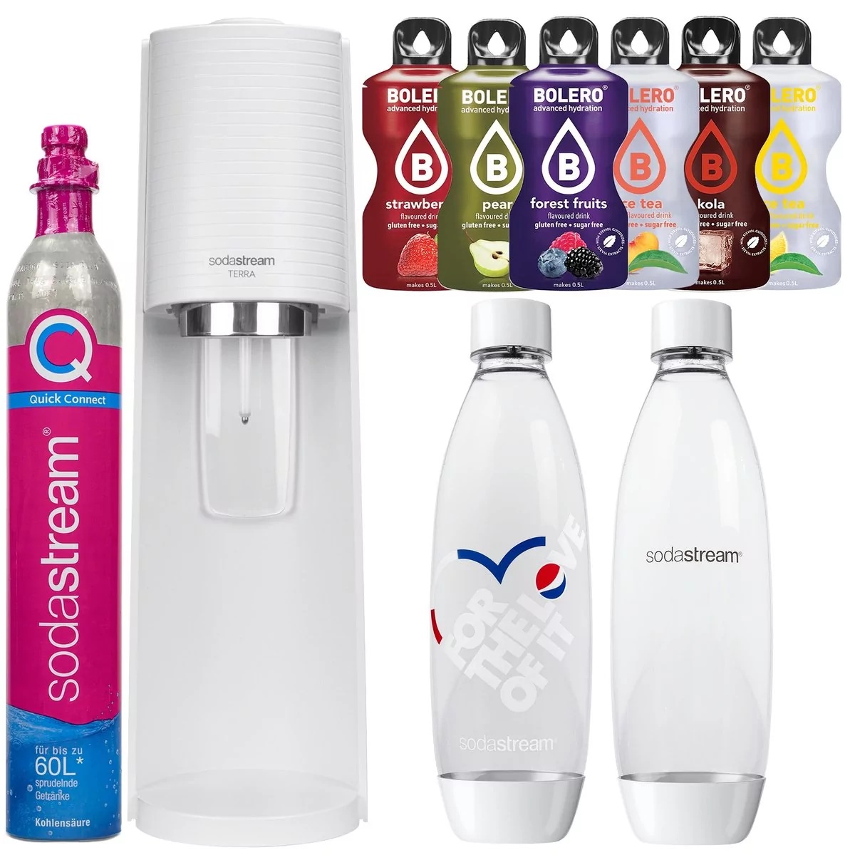 Saturator SodaStream Terra White + jedna butelka + butelka Fuse Biała Pepsi (dek) + Bolero