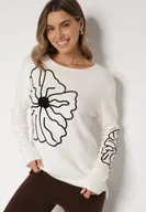 Swetry damskie - Biały Sweter Ozdobiony Haftowanymi Kwiatami Halatusea - miniaturka - grafika 1