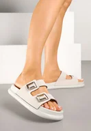 Klapki i japonki damskie - Szare Klapki z Imitacji Zamszu z Paskami z Metalicznymi Aplikacjami Ostella - miniaturka - grafika 1