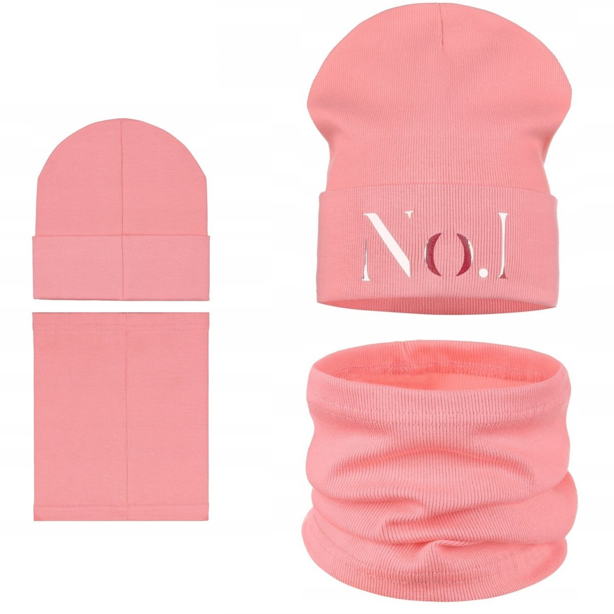 Komplet Dziecięcy Czapka Komin Bawełniany Błyszczący Napis Różowy 40-46