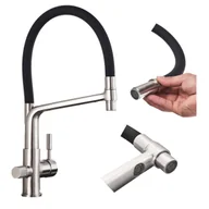 Baterie kuchenne - Bateria Kuchenna Trójdrożna z Obrotową Wyciąganą Wyjmowaną Elastyczną Wylewką Kran Do Kuchni Srebrna Matowa z Dodatkową Wylewką WODA FILTROWANA - IN.. - miniaturka - grafika 1