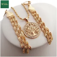 Kolczyki - ZŁOTY NASZYJNIK SINGAPUR + KOLCZYKI WISZĄCE + ZAWIESZKA DRZEWKO SZCZĘŚCIA - miniaturka - grafika 1