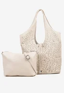 Torebki damskie - Beżowa Torebka Shopper z Ażurowym Wzorem i Dodatkową Saszetką Merabella - miniaturka - grafika 1