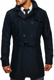 Płaszcze męskie - Granatowy dwurzędowy płaszcz męski prochowiec z wysokim kołnierzem i paskiem Denley 0001 - grafika 1