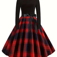 Sukienki - TEMU Sukienka damska w stylu vintage w szkocką kratę A-Line z kokardą w talii - Czerwona/Czarna/Biała/Beżowa kratka, Krótki rękaw, Okrągły dekolt, - miniaturka - grafika 1