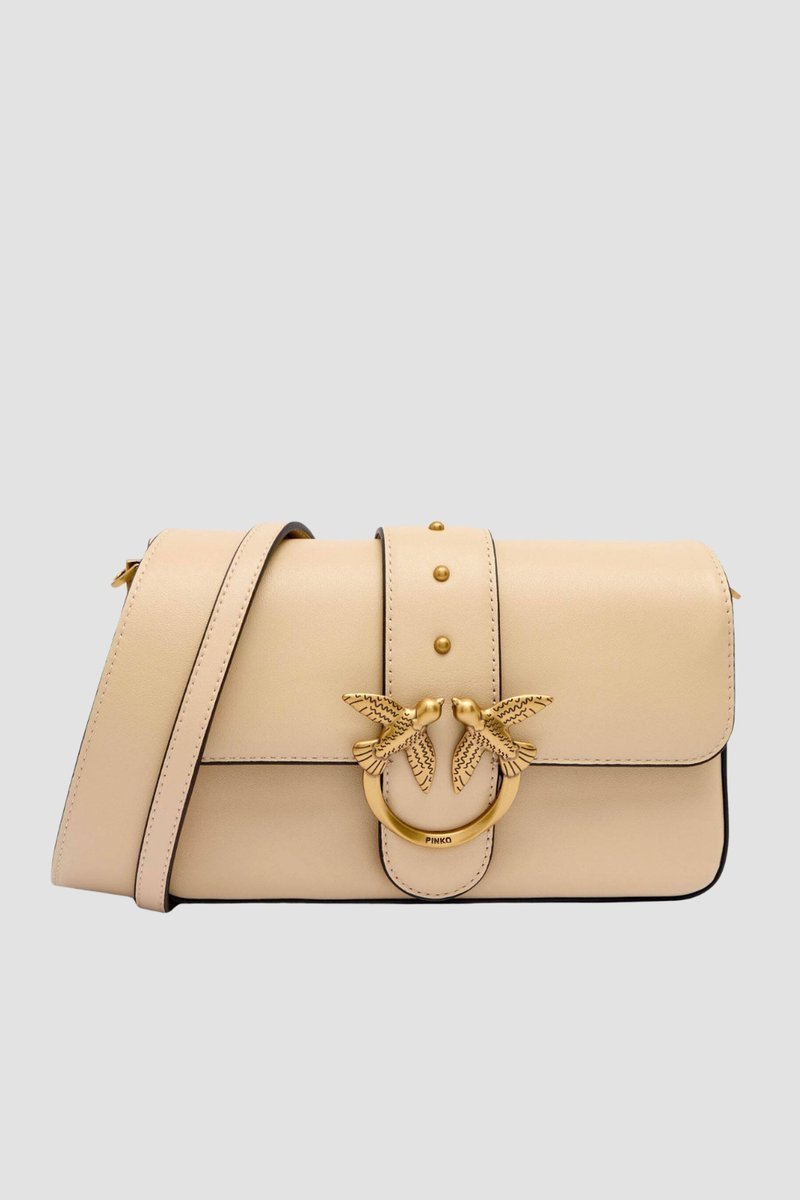 PINKO Beżowa skórzana damska torebka kopertówka Love One Mini Slouchy FL