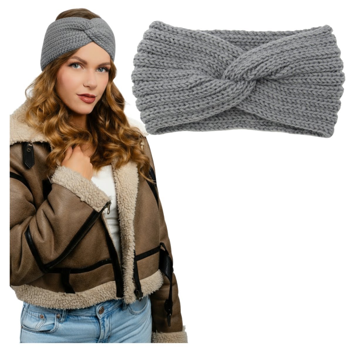 Opaska do Włosów Szara Na Głowę Uszy Szeroka Z Supłem Gruba Ciepła Zimowa