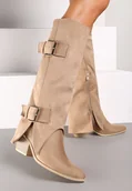 Kozaki damskie - Beżowe Kozaki na Stożku w Stylu Biker Ozdobione Wywiniętymi Cholewkami i Klamrami Fessinia - Renee - miniaturka - grafika 1