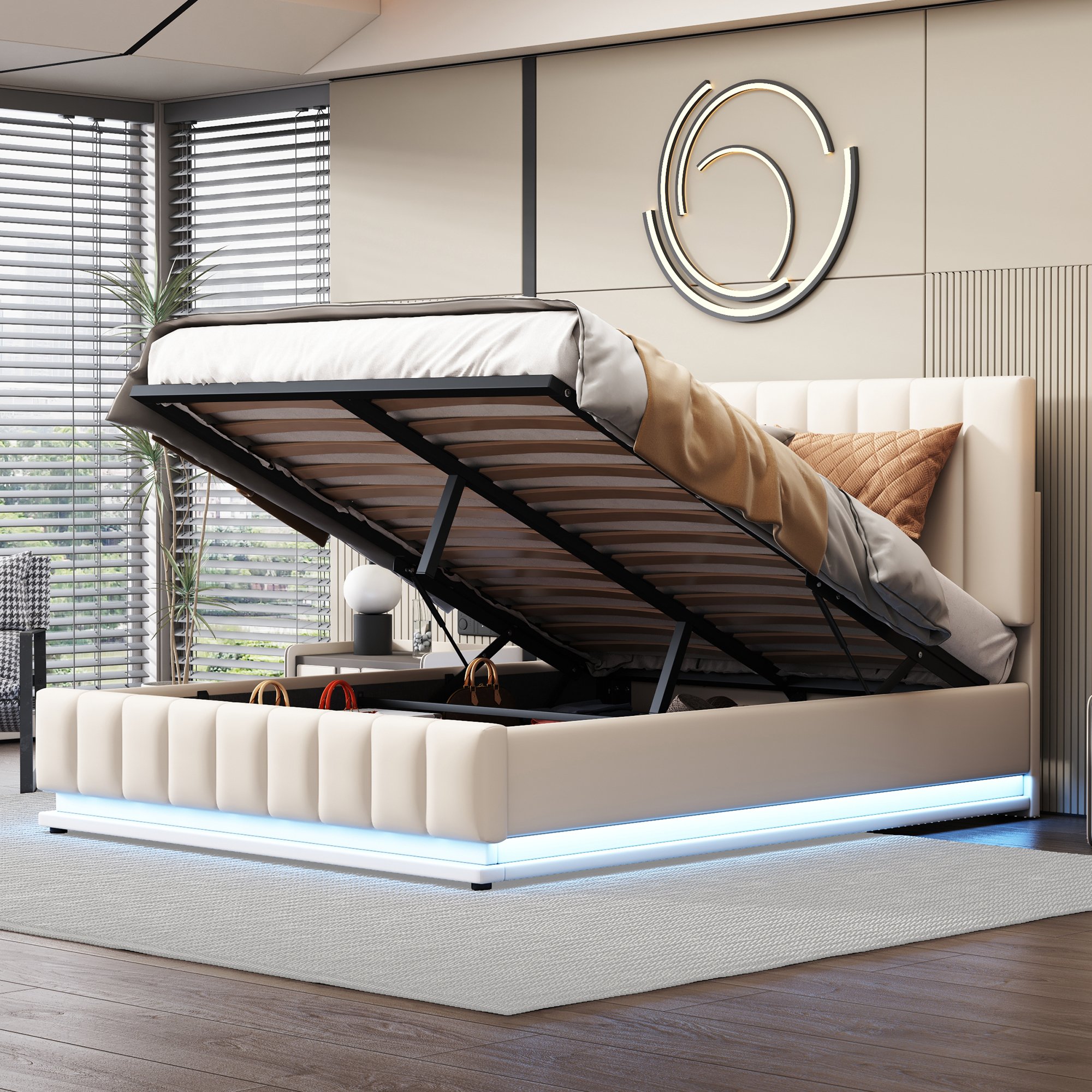 Łóżko tapicerowane Flieks z LED, łóżko na sprężynach hydraulicznych 140x200cm z listwowym stelażem i schowkiem, łóżko podwójne drewniane łóżko młodzieżowe imitacja skóry, białe