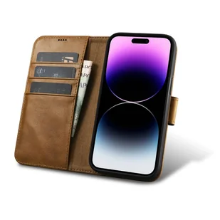 iCarer Oil Wax Wallet Case 2in1 etui iPhone 14 Pro Max skórzany pokrowiec z klapką Anti-RFID brązowy (WMI14220724-TN) - Etui i futerały do telefonów - miniaturka - grafika 2