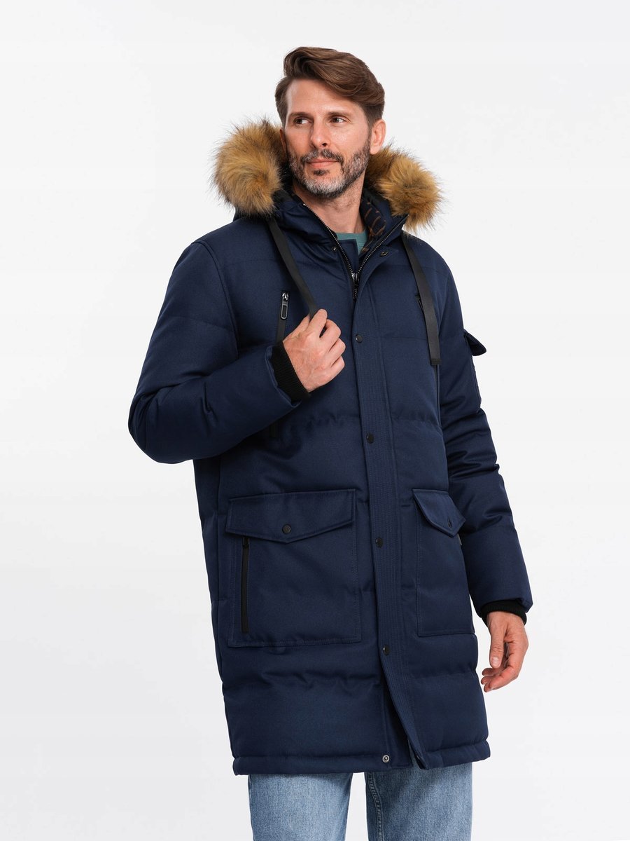 Długa ciepła kurtka męska z kapturem parka granatowa V1 OM-JALJ-0182 XXL