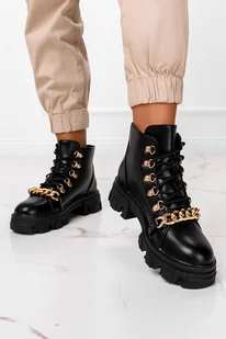 Czarne botki workery damskie ze złotym łańcuchem sznurowane Casu G22WX2-B-39 - Botki damskie - miniaturka - grafika 1