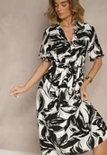 Sukienki - Czarno-Biała Koszulowa Sukienka z Wiskozy z Wiązanym Paskiem Ullosaria - miniaturka - grafika 1