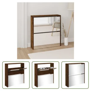 The Living Store Szafka na buty z lustrem 2 przegrody dąb wędzony 63x17x67 cm - Szafki na buty - miniaturka - grafika 1