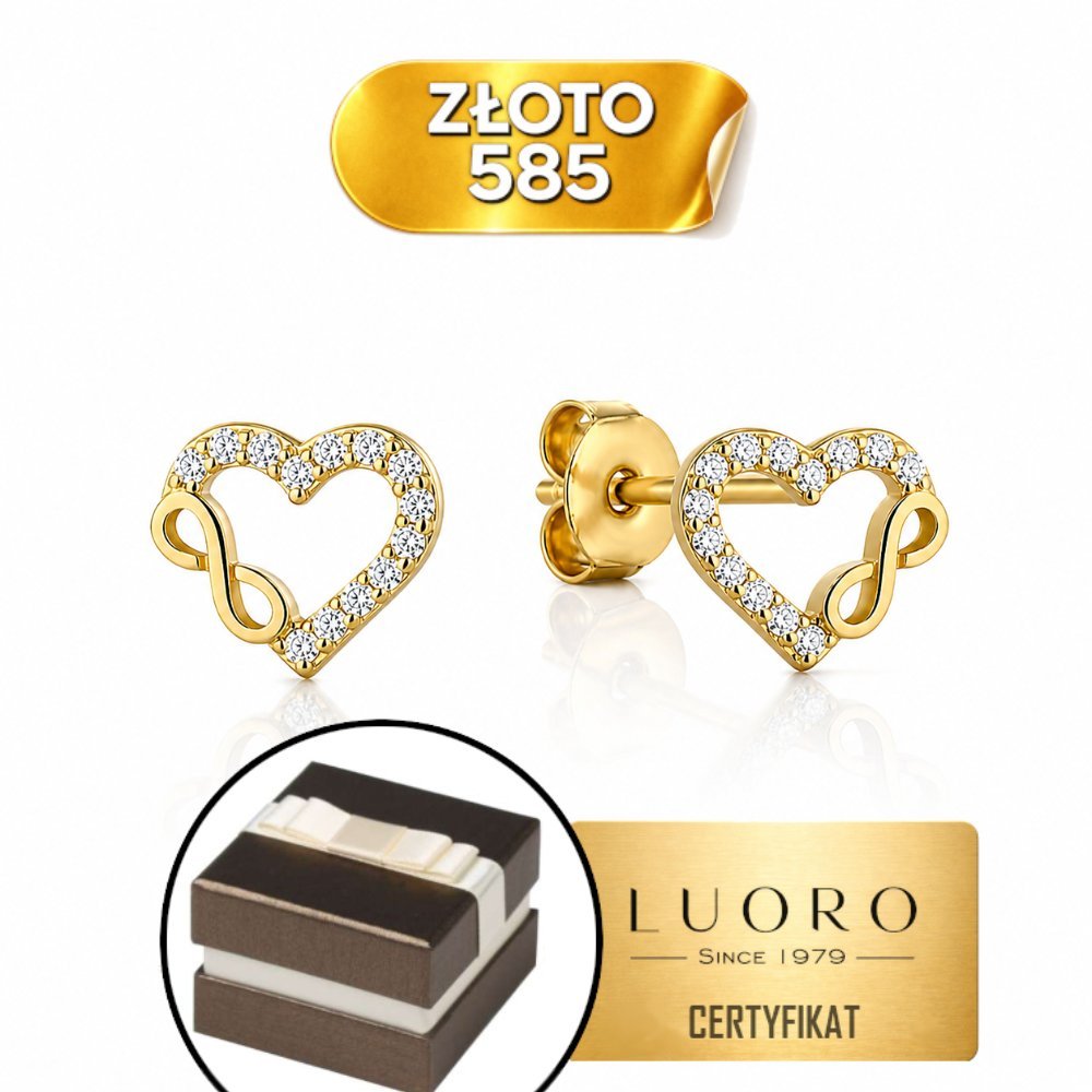 KOLCZYKI ZŁOTE 585 14K SERCE NIESKOŃCZONOŚĆ Z CYRKONIAMI SZTYFT 8X7 MM