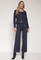 Komplety damskie - Granatowy Dzianinowy Komplet z Wiskozą w Eleganckim Stylu Kardigan i Spodnie Delisana - miniaturka - grafika 1
