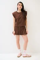 Dresy damskie - Dresowy komplet z balonową spódniczką mini - czekoladowy M/L - miniaturka - grafika 1