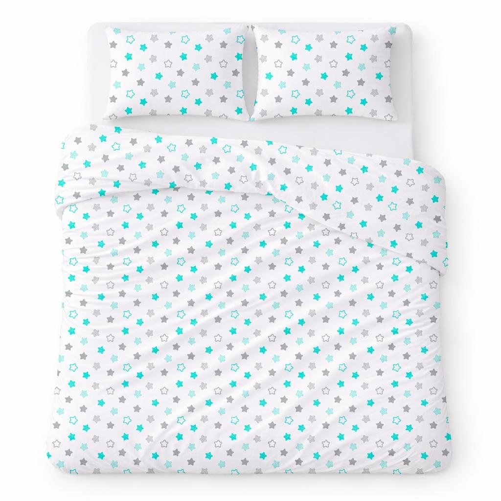 Pościel bawełniana 160x200 biała w szare i miętowe gwiazdki, dziecięcy nowoczesny - COTTON HOME KIDS