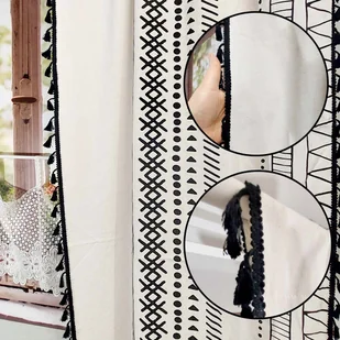 Zasłona gotowa lniana boho z frędzlami wzory geometryczne tunel 150/240cm - Zasłony - miniaturka - grafika 1