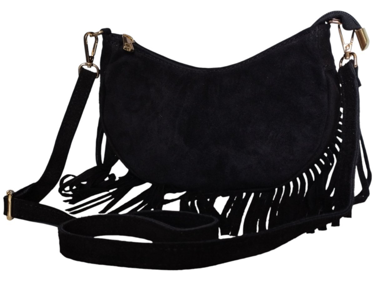 Listonoszka na Ramię, Zamszowa Skórzana Mała Czarna Torebka Damska