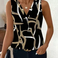 Koszule damskie - TEMU Damski czarny i złoty top bez rękawów z geometrycznym wzorem i dekoltem w kształcie litery V - Elegancki, plisowany design na wiosnę i , styl - miniaturka - grafika 1