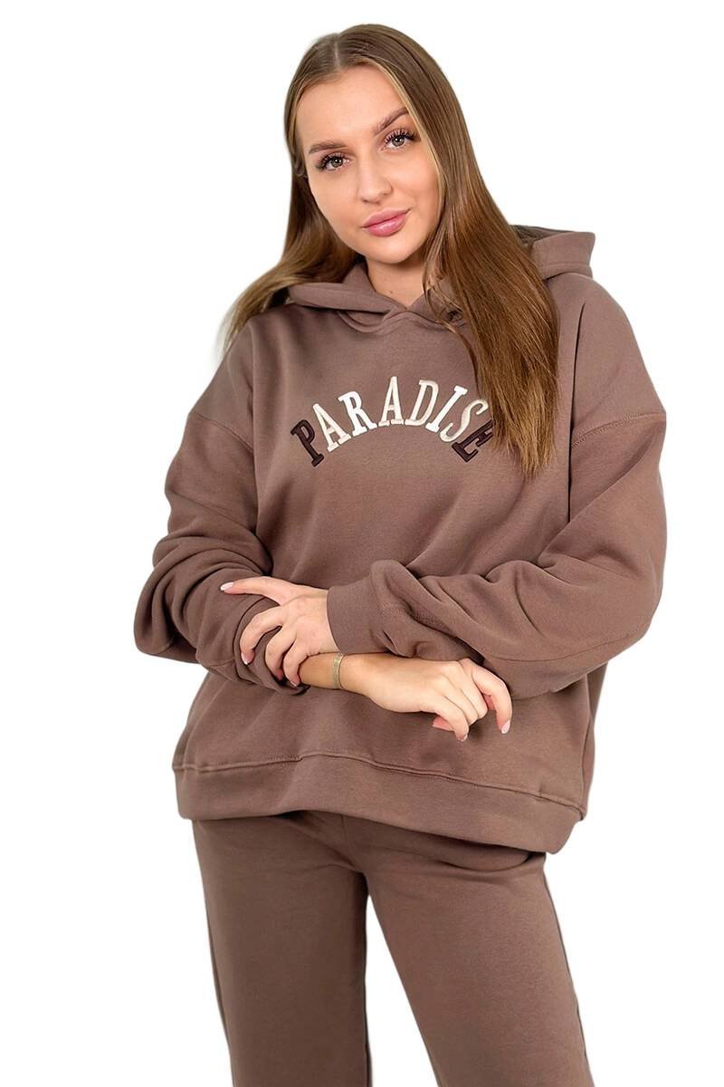 Komplet bawełniany z haftowanym napisem Paradise mocca
