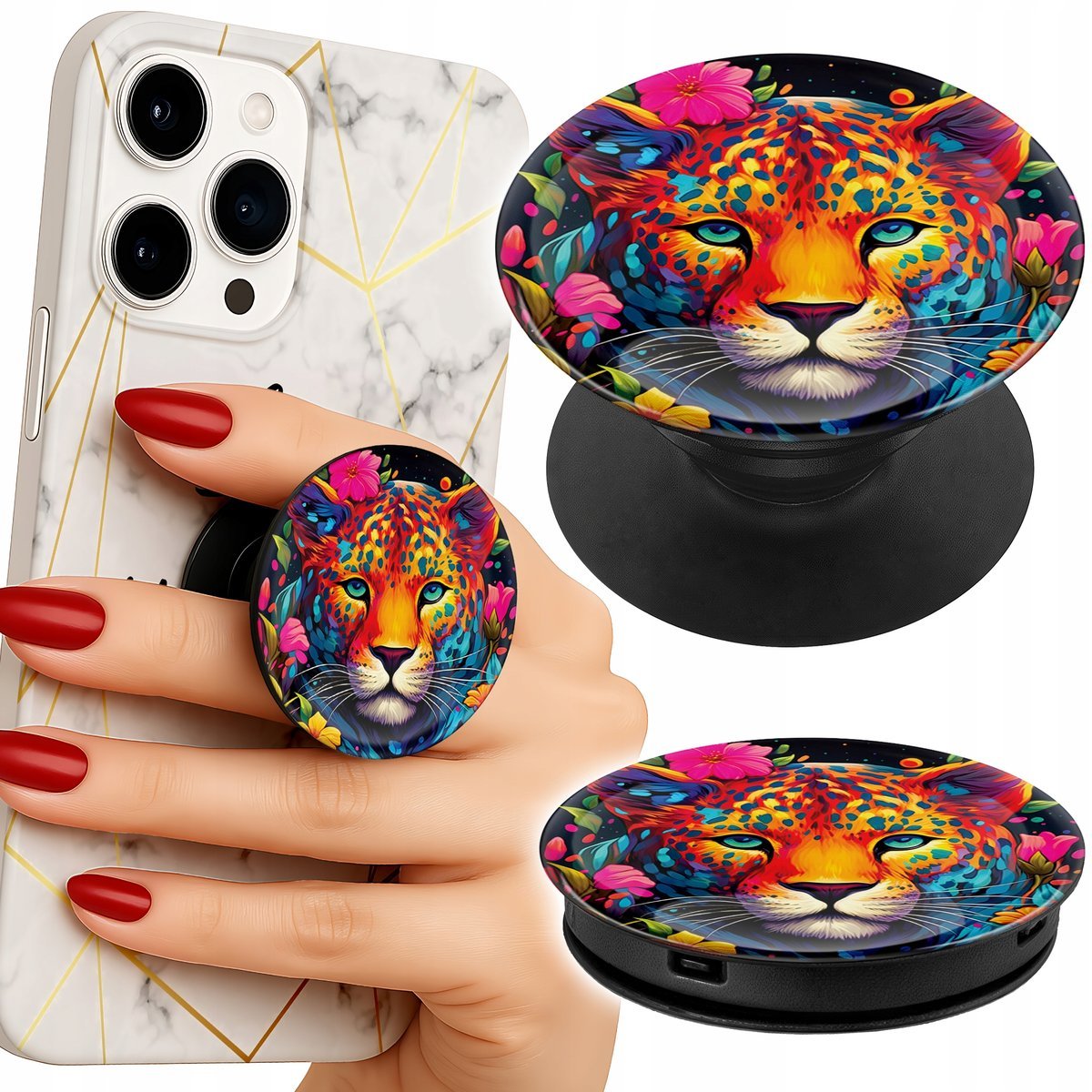 Uchwyt do telefonu Popsocket na palce/stojak KWIECISTE WZORY TYGRYS