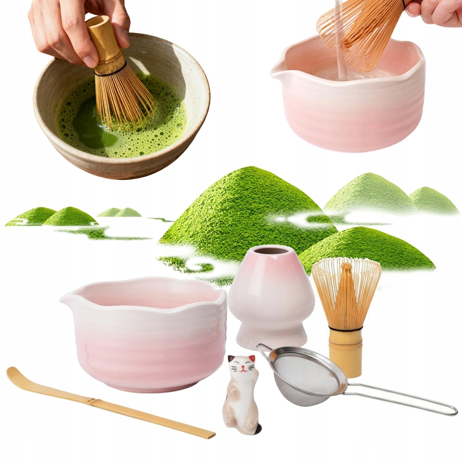 Zestaw Narzędzi Matcha Ceramiczny Różowy Z Łyżką I Sitkiem Stalowym
