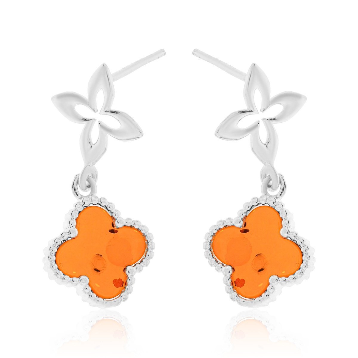 Srebrne kolczyki z bursztynem koniczynki, sztyfty pr. 925