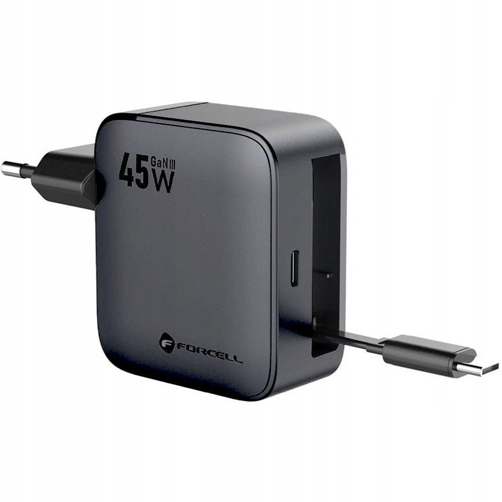 Ładowarka sieciowa do telefonu Forcell F-Energy GaN USB C + zwijany kabel USB C PD QC4.0 3A 45W VT-R5 szara