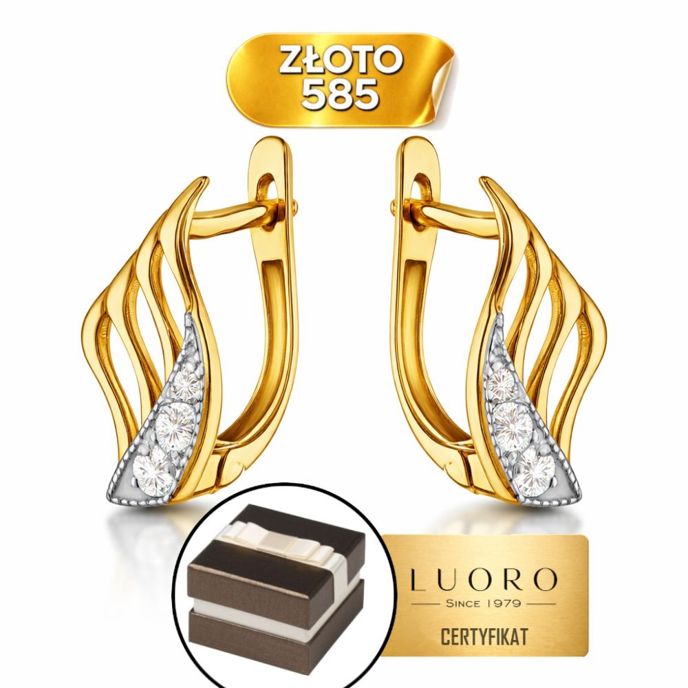KOLCZYKI ZŁOTE 585 14K SKRZYDŁA CYRKONIE ZAPIĘCIE ANGIELSKIE 15,4 MM
