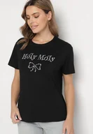 Bluzki damskie - Czarna Bawełniana Bluzka z Napisem i Kokardą Tinala - miniaturka - grafika 1