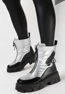 Śniegowce damskie - Srebrne Śniegowce na Płaskiej Podeszwie z Zamkiem z Przodu i Napisem Bulluna - miniaturka - grafika 1