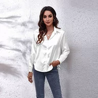 Koszule damskie - Clotth Damska koszula z długim rękawem z satynowego jedwabiu Button Down Shirt, White-XL, XL - miniaturka - grafika 1