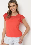 Bluzki damskie - Czerwony Bawełniany T-shirt Bluzka z Przezroczystymi Rękawami i Dekoltem Lavinara - miniaturka - grafika 1
