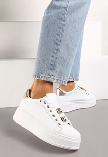 Biało-Złote Sneakersy na Platformie z Odpinanymi Zawieszkami Przy Sznurówkach Harhi - Moda i Uroda OUTLET - miniaturka - grafika 1