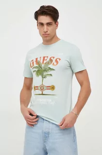 Koszulki męskie - Guess t-shirt bawełniany kolor turkusowy wzorzysty - grafika 1