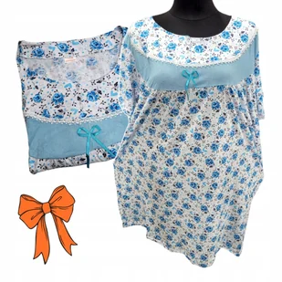 KOSZULA NOCNA BAWEŁNA RÓŻA KWIAT prezent krótki rękaw błękit 50 52 5XL 6XL - Bielizna nocna - miniaturka - grafika 1