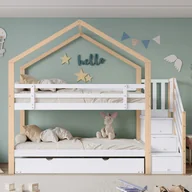 Łóżka dla dzieci i młodzieży - Łóżko piętrowe 90x200cm + łóżko wysuwane 90x190cm - łóżko dziecięce z drabinką - lita sosna - białe - miniaturka - grafika 1