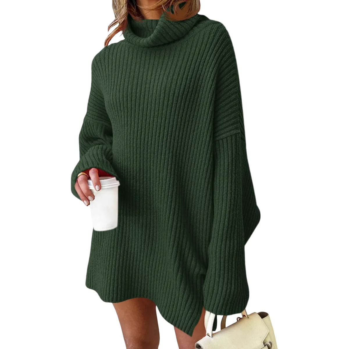 Damski Sweter z Golfem Sukienka Długi Rękaw Elegancki Elastyczny Zielony M