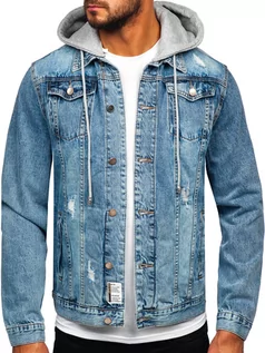Kurtki męskie - Niebieska kurtka jeansowa męska z kapturem Denley MJ505B - grafika 1