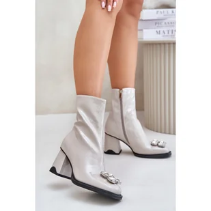 S.Barski Lakierowane botki damskie z ozdobą Grey szare - Botki damskie - miniaturka - grafika 1