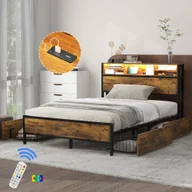 Łóżka - Flieks łóżko podwójne młodzieżowe 140x200cm z USB i LED, łóżko metalowe z 4 szufladami, łóżko do przechowywania z listwową ramą, łóżko klasyczne, brązowe - miniaturka - grafika 1
