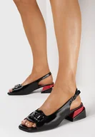 Sandały damskie - Czarno-Czerwone Sandały na Ozdobnym Słupku z Klamerką i Noskiem Peep Toe Laseria - miniaturka - grafika 1