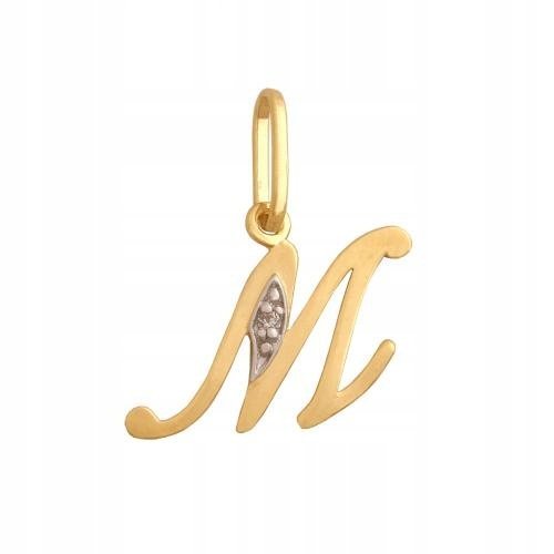 Złota Przywieszka 585 Literka M Cyrkonia 0.55 g Rodium