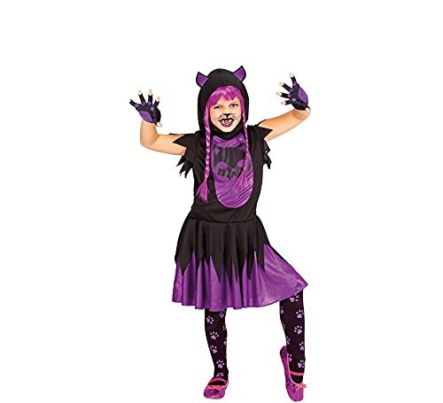 Rubies Kostium Black Cat Sound Girls Sukienka z kapturem, rajstopy i pudełko z dźwiękiem, rozmiar L 8-10 lat, na Halloween, karnawał, urodziny