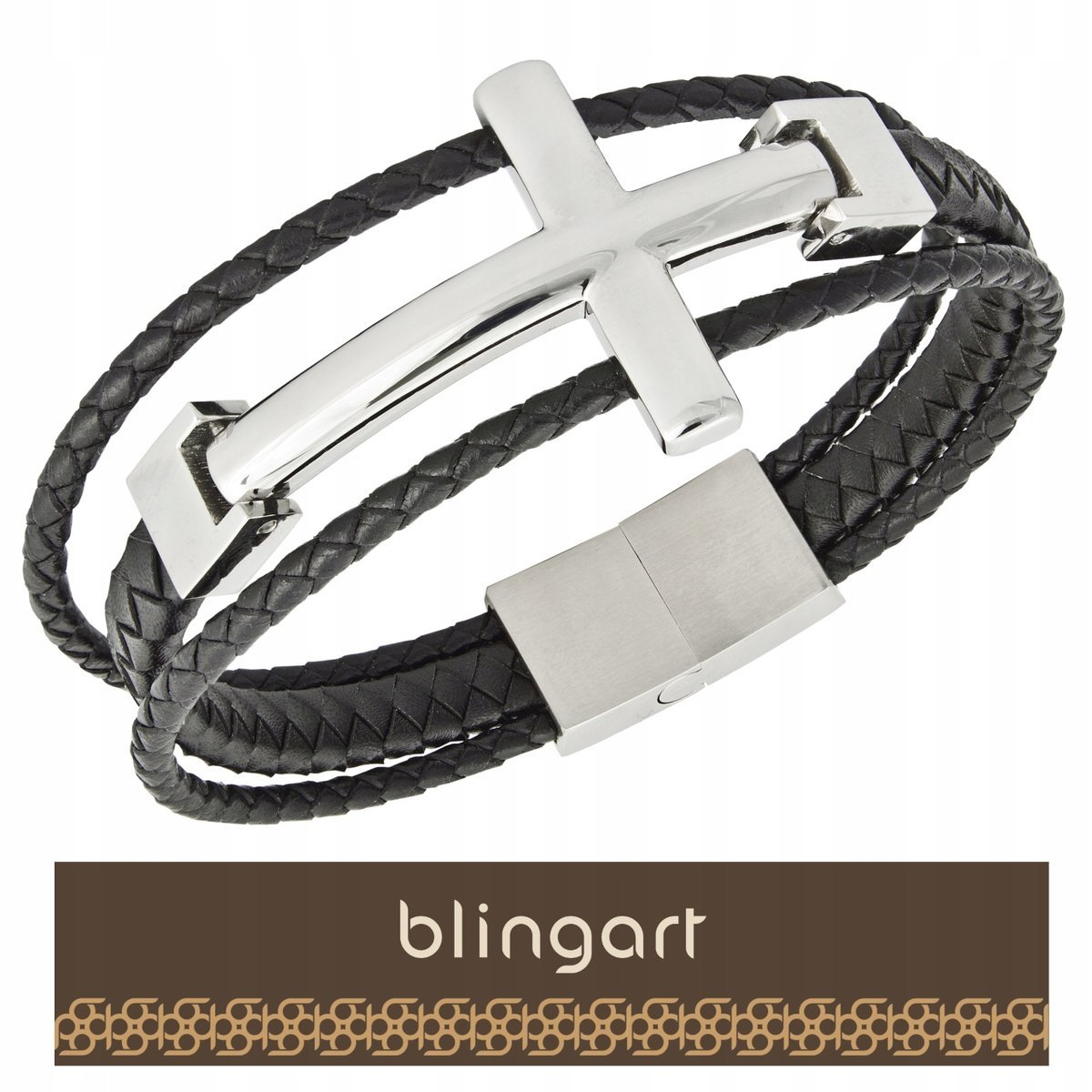 BLINGART Bransoletka męska skórzana z SREBRNYM krzyżem plecionka STAL 316L